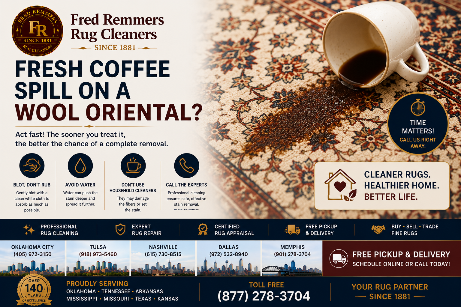 A spilled cup of coffee being blotted from a wool oriental rug with a clean white cloth
