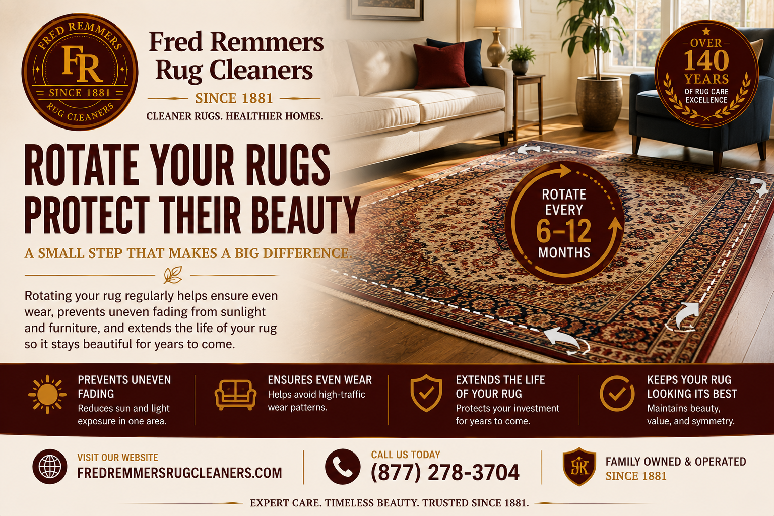 An oriental rug in a sunlit living room with furniture, positioned to be rotated 180 degrees for even wear