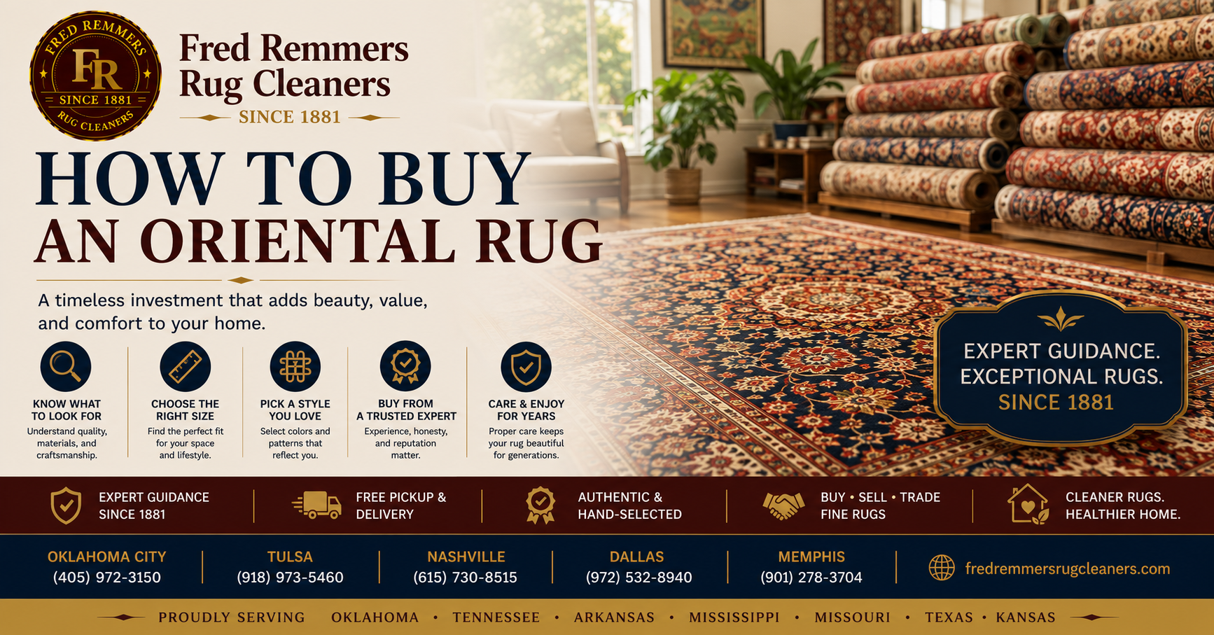 A buyer examining the back of a hand-knotted oriental rug at a rug gallery