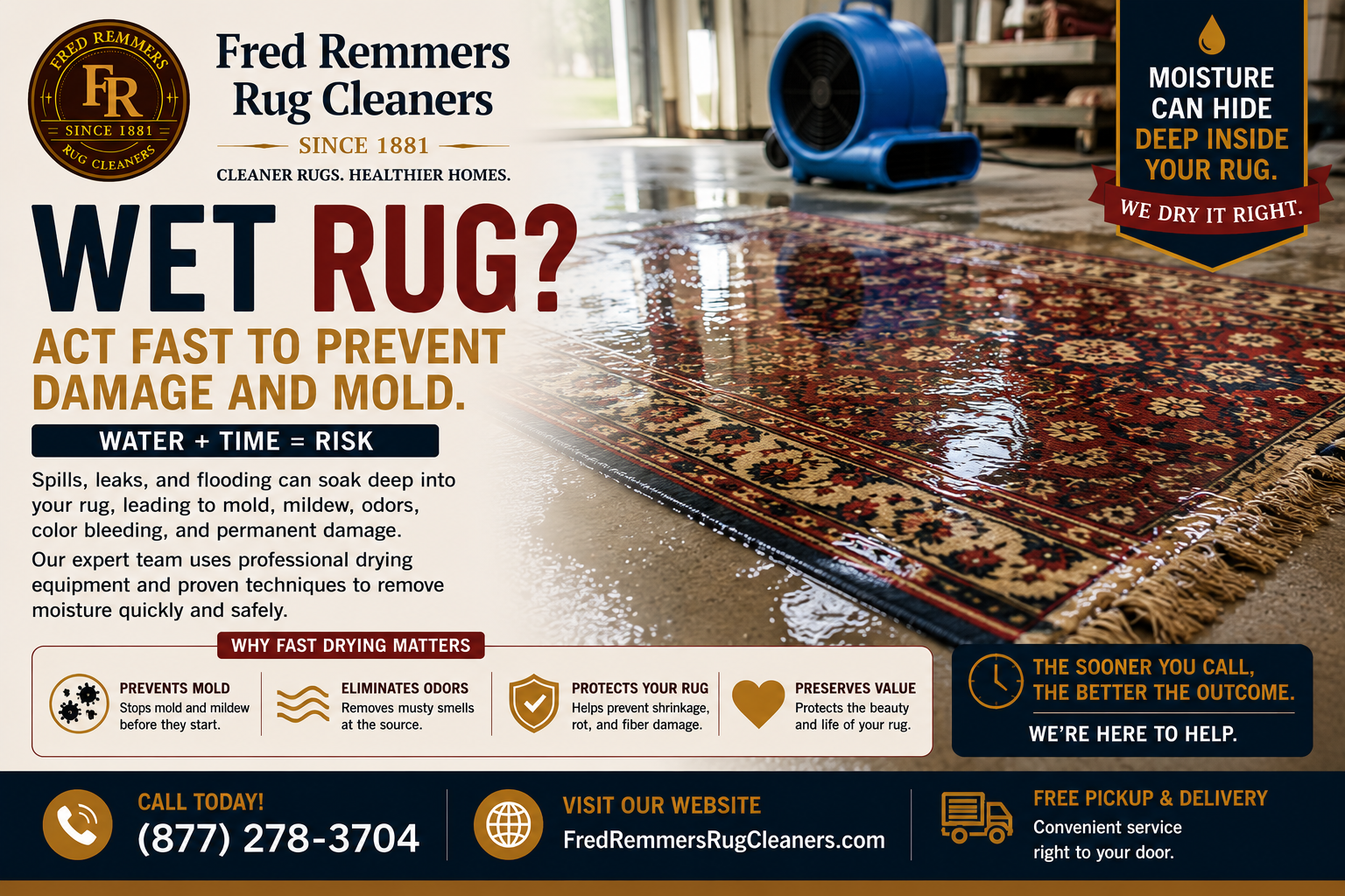 A wet oriental rug laid flat to dry with a fan moving air across it