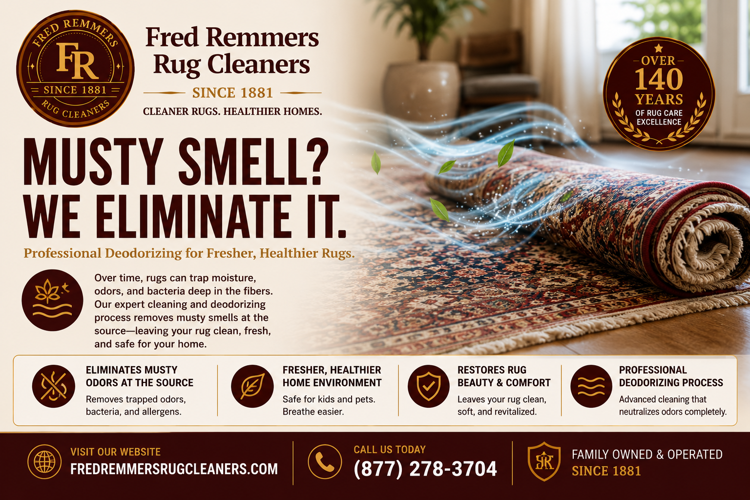 A rolled oriental rug in a dim, humid room — the kind of damp storage that leads to a musty mildew smell