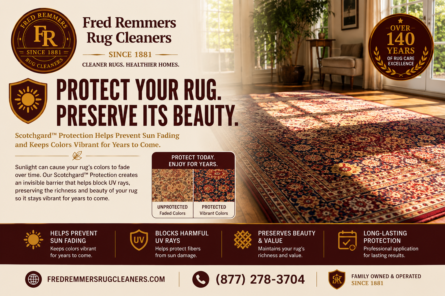 Sunlight falling across an oriental rug, with one half bright and clear and the other half visibly sun-faded