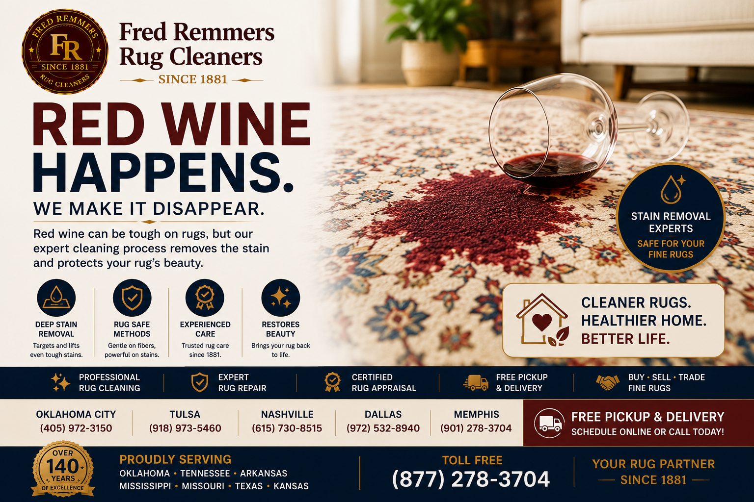 A hand blotting a fresh red wine spill on a wool oriental rug with a clean white cloth