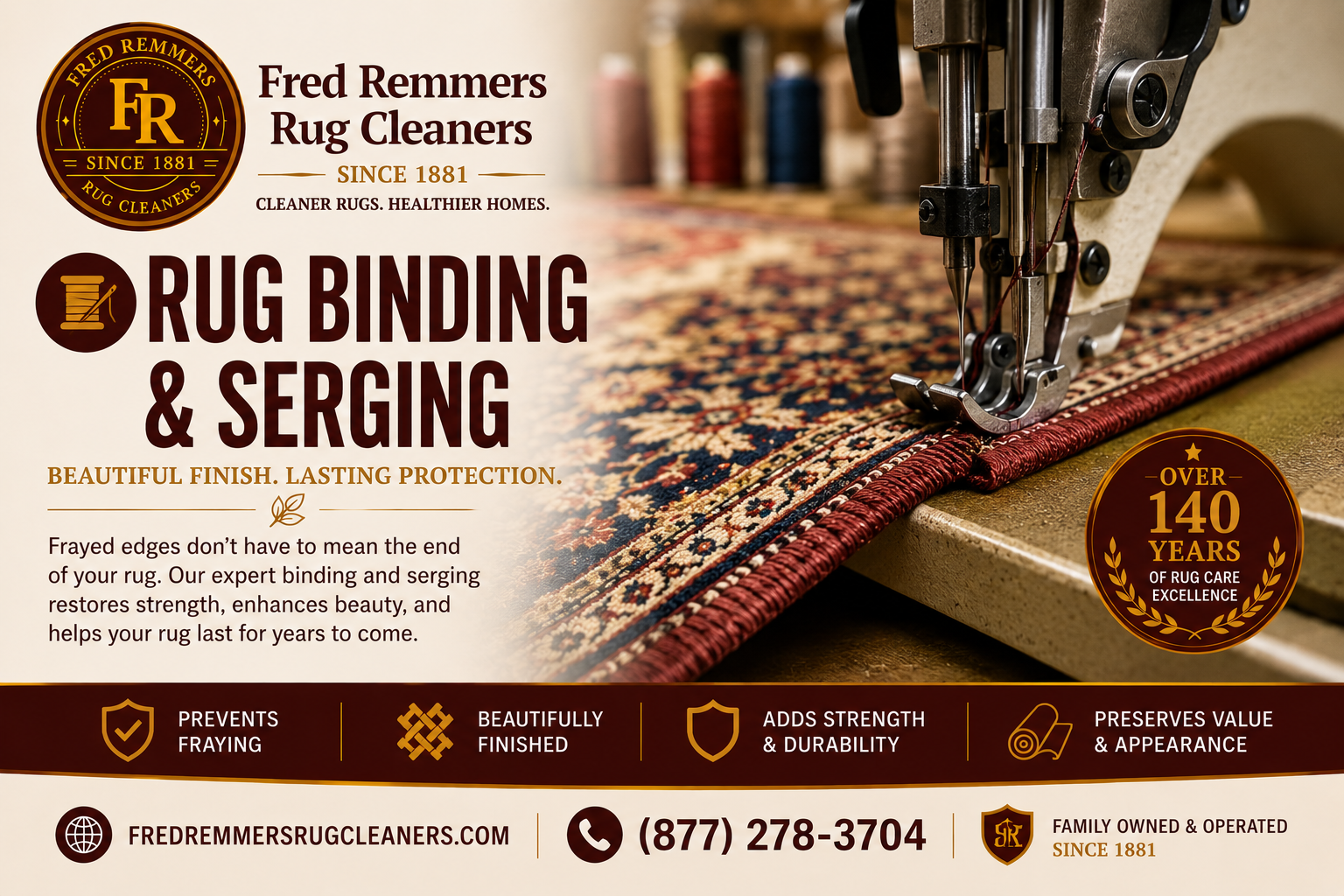 Close-up comparison of a fabric-bound rug edge beside a yarn-serged rug edge