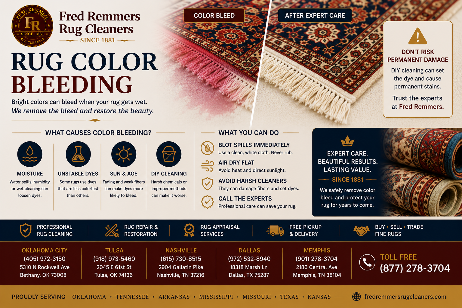 Red dye bleeding from the border of a wool oriental rug into its ivory field