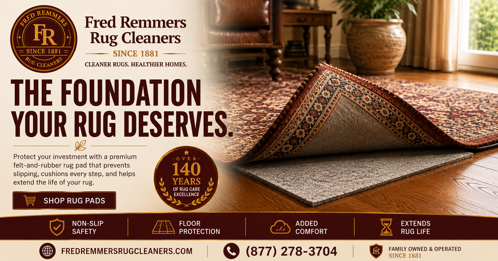 An oriental rug folded back on a hardwood floor to reveal the natural felt-and-rubber pad underneath
