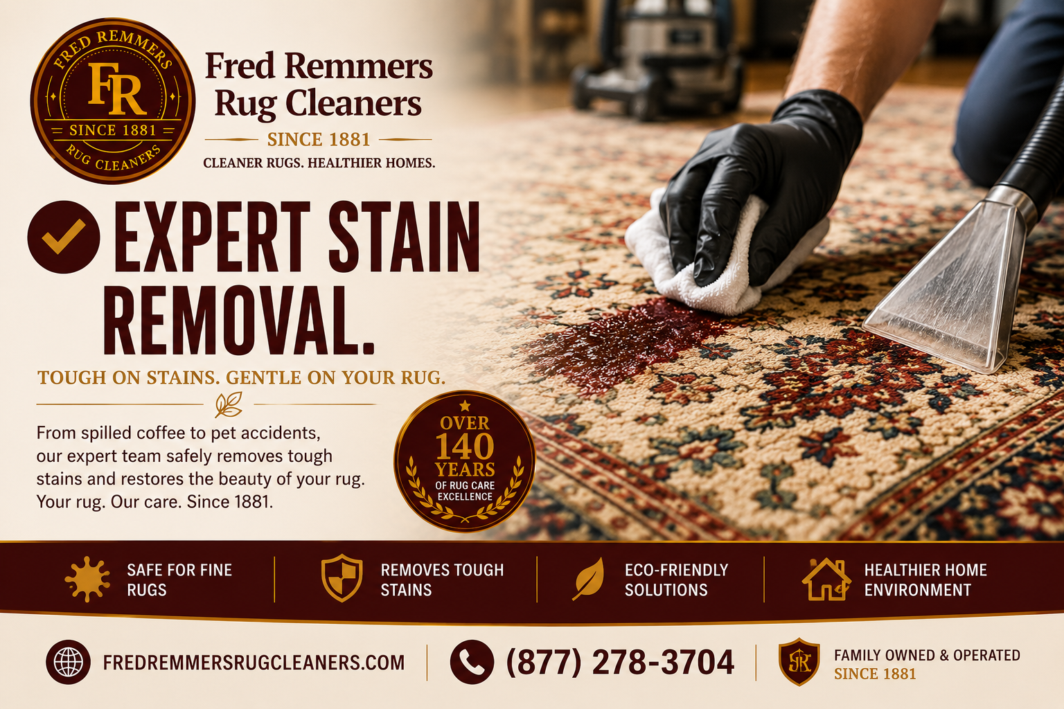 A hand blotting a fresh spill on a wool oriental rug with a clean white cloth