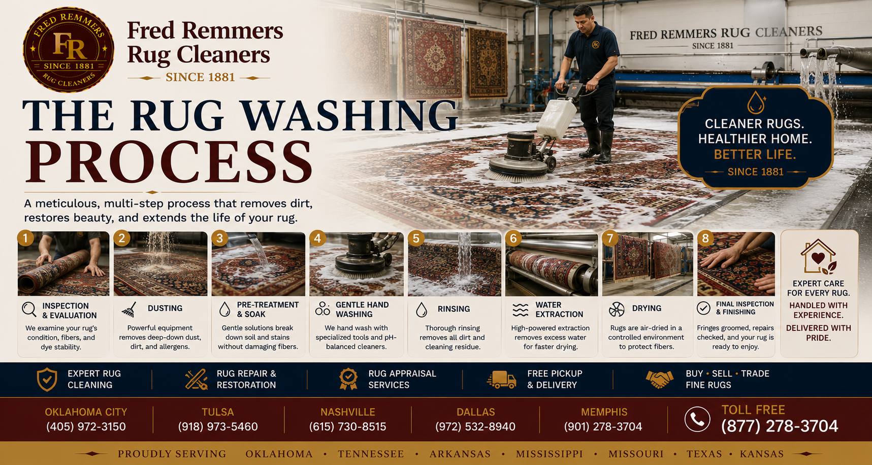 An oriental rug being hand-washed and rinsed with water on the floor of a professional rug-cleaning plant