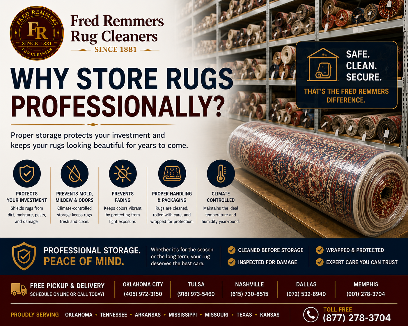 Cleaned oriental rugs rolled and wrapped in breathable material on racks in a climate-controlled storage room