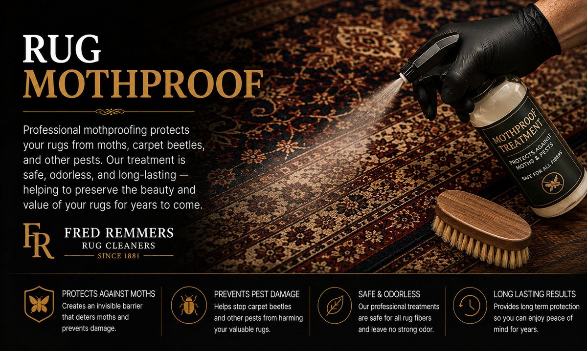 A wool oriental rug being inspected and treated for carpet moth damage at Fred Remmers Rug Cleaners